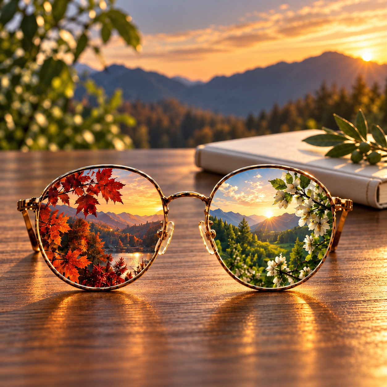 Elegant gold glasses reflecting autumn maple leaves and spring blossoms over a mountain sunrise landscape